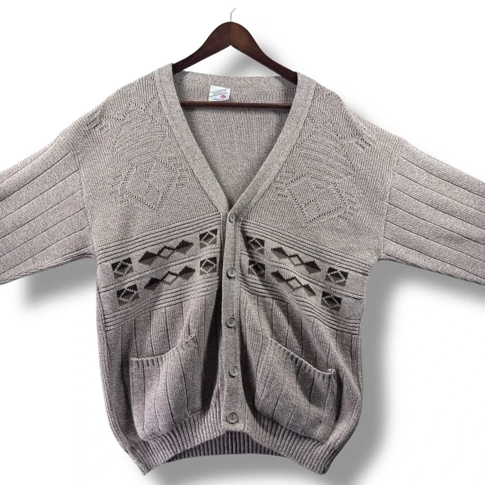 Vintage 90s Menswear Tan Textured Button Cardigan Sweater XL Made in UK